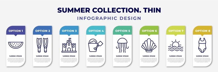 infographic template with icons and 8 options or steps. infographic for summer collection. thin concept. included slice of melon, diving fins, sand castle, sand bucket and shovel, jellyfish, © IconArt