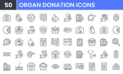 Internal Organ Transplantation vector line icon set. Contains linear outline icons like Healthcare Donation, Cornea, Kidney, Heart, Pancreas, Lung, Colon, Medicine, Eye, Skin. Editable use and stroke.