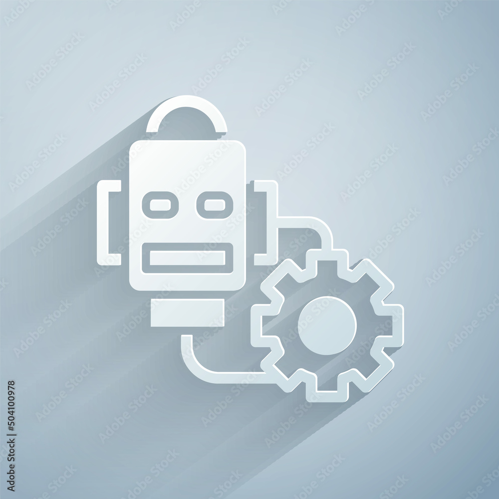 Poster paper cut robot setting icon isolated on grey background. artificial intelligence, machine learning,