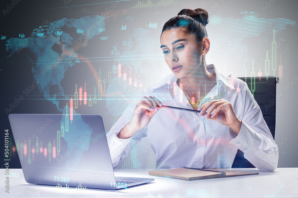 Poster global market investing concept with trader young woman looking at laptop monitor and digital screen