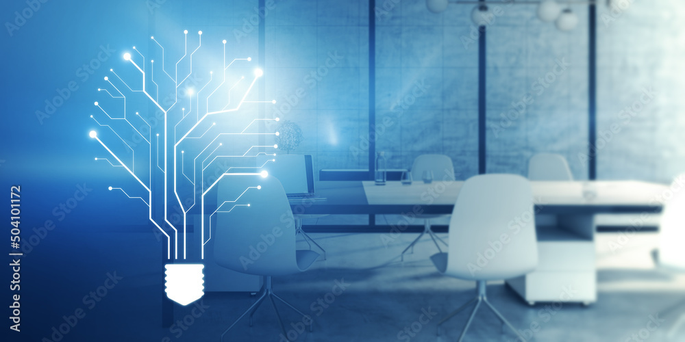 Aufkleber Abstract glowing circuit lamp on blue interior background. Future, innovation and solution concept with mock up place. 3D Rendering and Double exposure.