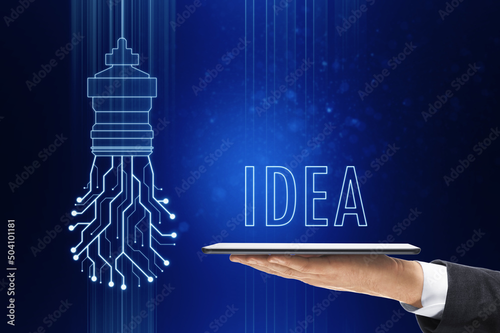 Poster close up of businessman hand holding tablet with abstract glowing circuit light bulb on blue backgro