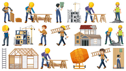 Set of construction site objects and workers