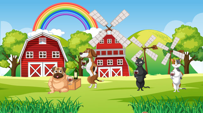 Outdoor farm scene with cartoon dogs