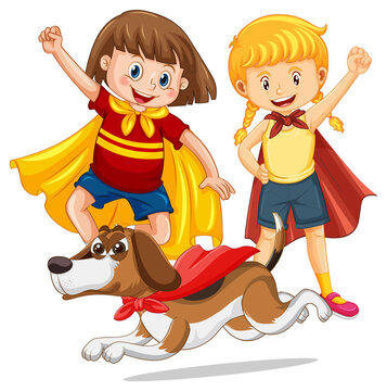 Two hero kids and hero beagle dog cartoon