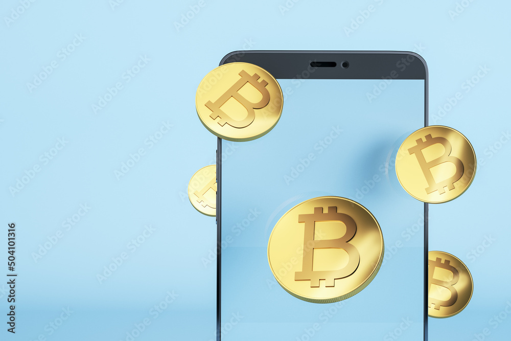 Poster Close up of smartphone with creative bitcoins on blue backdrop with mock up place. Crypto on mobile and exchange concept. 3D Rendering.