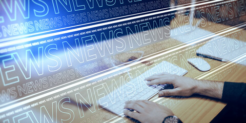 Close up of hands using computer at office desktop with abstract glowing blue breaking news pattern background. Headline, communication and global world concept. Double exposure. - obrazy, fototapety, plakaty