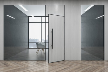 Luxury wooden and concrete office hallway interior with windows, city view, furniture, glass partition and daylight. 3D Rendering.