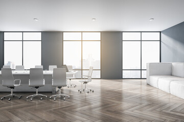Modern meeting room interior with wooden flooring, furniture, city view and daylight. 3D Rendering.