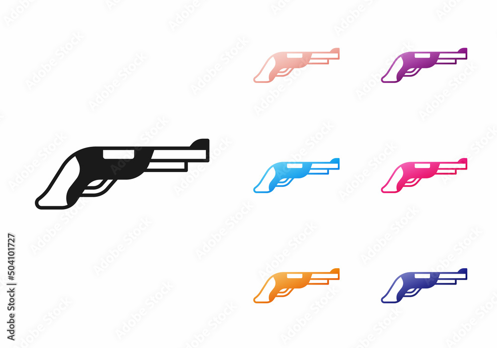 Sticker Black Vintage pistol icon isolated on white background. Ancient weapon. Set icons colorful. Vector