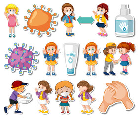 Sticker set of covid19 icons and cartoon characters