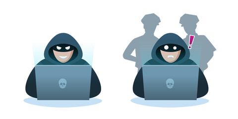 Hacker use laptop with police behind him, vector illustration