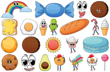 Set of facial expression with vintage style food cartoon on white background
