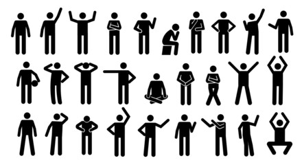 Stickman postures. Black silhouette simplified people, human figures standing in various relaxed postures. Vector man pictogram isolated set
