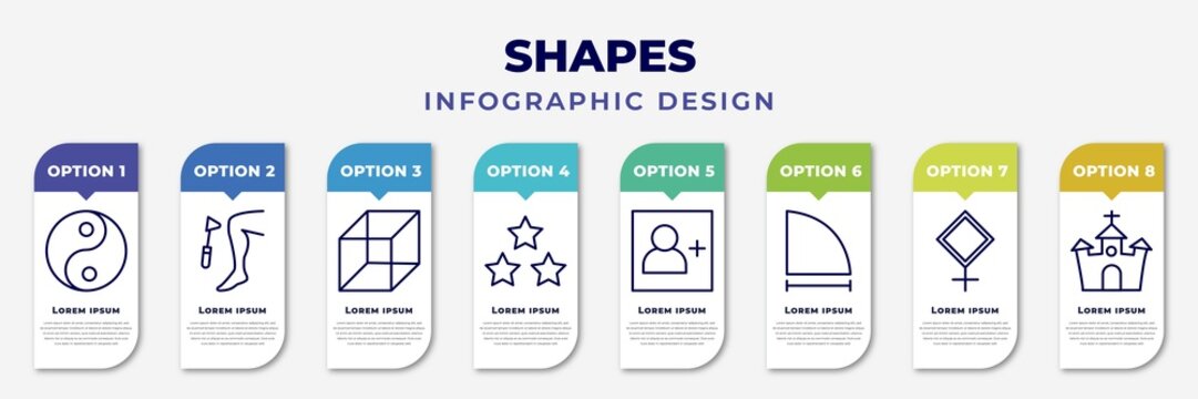 infographic template with icons and 8 options or steps. infographic for shapes concept. included yin and yang, reflex, cube, star with number three, followers, radius of circle, pallas, christian