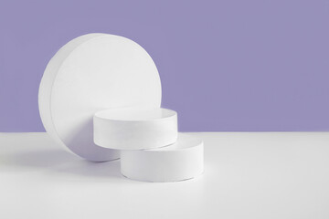 Podium for cosmetic product presentation. Abstract minimal geometrical form. Cylinder stone sphere two forms, shadow. Trendy Scene. Front view. 3D