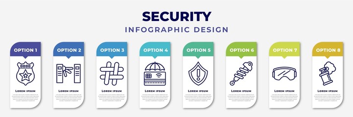 infographic template with icons and 8 options or steps. infographic for security concept. included police shield, turnstiles, hash, protected credit card, security warning, shock absorber, ski