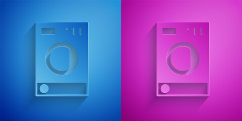Paper cut Washer icon isolated on blue and purple background. Washing machine icon. Clothes washer - laundry machine. Home appliance symbol. Paper art style. Vector