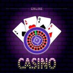 Casino banner. With roulette and playing cards on a dark background.