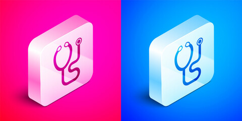 Isometric Stethoscope medical instrument icon isolated on pink and blue background. Silver square button. Vector