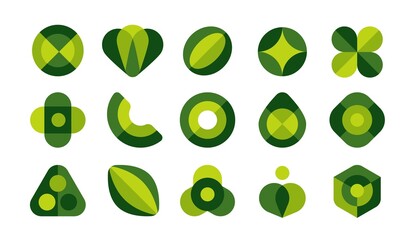 Minimalistic logo shapes. Abstract green geometric elements, healthy fresh food and organic products. Vector isolated set