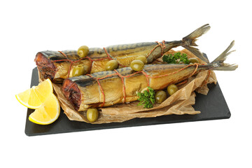 Tasty smoked mackerel isolated on white background
