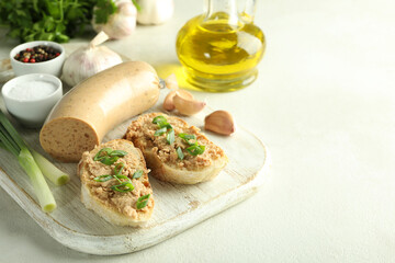 Concept of tasty food, liverwurst, space for text