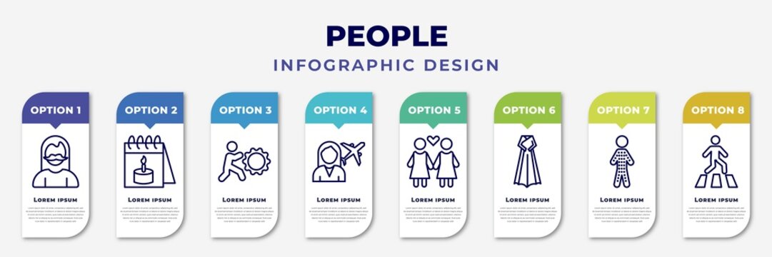 Infographic Template With Icons And 8 Options Or Steps. Infographic For People Concept. Included Bearded Woman, Birth, Effort, Foreign Reporter, Lesbian Couple, Korean, Hairy, Road Crossing Editable