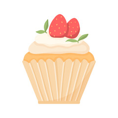 Delicious beautiful cupcake with cream and strawberries. Muffin with whipped cream. Appetizing dessert for birthdays, weddings and other holidays. Logo for bakeries. Vector illustration.