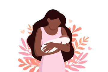 Happy african american mother holds her infant baby in her arms. Vector illustration of motherhood and care about kids