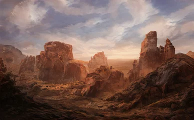 Fotobehang High desert mountains, rocky ridge valley. Nevada mountain range, sand in the canyon. Amazing landscape of peaks, large stone cliff rock. 3d illustration © Mars0hod