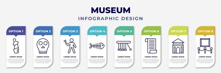 infographic template with icons and 8 options or steps. infographic for museum concept. included venus de milo, anthropology, excursion, fishbone, newtons cradle, paper scroll, antic architecture,