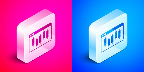 Isometric Browser with stocks market growth graphs and money icon isolated on pink and blue background. Monitor with stock charts arrow on screen. Silver square button. Vector