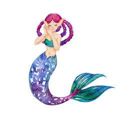 Romantic mermaid with purple hair and purple tail. Watercolor cartoon character isolated on white background. Print for t-shirt, apparel, posters, postcards, greeting cards, baby shower and interior.