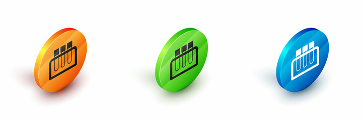 Isometric Test tube and flask chemical laboratory test icon isolated on white background. Laboratory glassware sign. Circle button. Vector