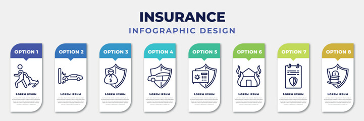 infographic template with icons and 8 options or steps. infographic for insurance concept. included bite, crash, savings, safety insurance, bank safe, fire insurance, license, retirement editable