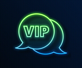 Glowing neon line Vip in speech bubble icon isolated on blue background. Vector