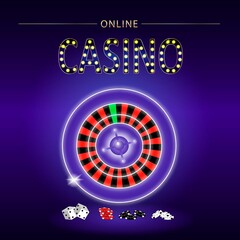 Casino banner. With neon roulette, slots and poker chips