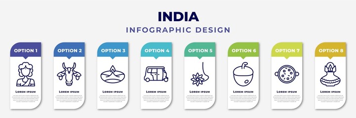 infographic template with icons and 8 options or steps. infographic for india concept. included woman, indian cow, diwali lamp, rickshaw, navratri, nut, tikka masala, kumbh kalash editable vector.