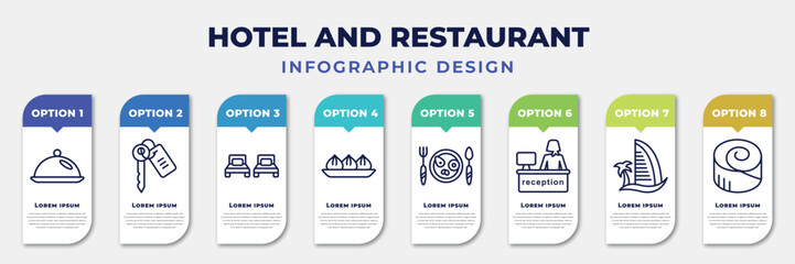 infographic template with icons and 8 options or steps. infographic for hotel and restaurant concept. included restaurant tray, room key, beds, dim sum, breakfast, receptionist, beach hotel,