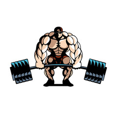Cartoon muscular bodybuilder with heavy barbell, vector, logo, cartoon, mascot, character