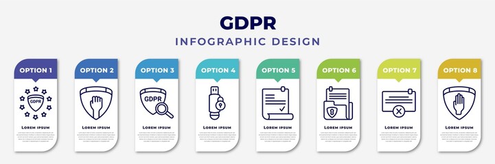 infographic template with icons and 8 options or steps. infographic for gdpr concept. included gdpr, rights, transparency, pendrive, consent, document, delete, right to objection editable vector. - obrazy, fototapety, plakaty