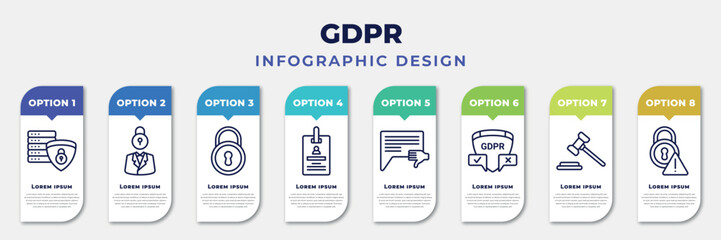 infographic template with icons and 8 options or steps. infographic for gdpr concept. included data processing, person, key, id card, complaint, decision making, auction, alert editable vector.