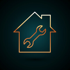 Gold line House or home with wrench icon isolated on dark blue background. Adjusting, service, setting, maintenance, repair, fixing. Vector