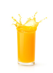 Glass of orange juice splash isolated on white background.