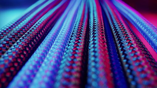 Computer modding power cable management system close up shots braided wires black and blue colors. High quality 4k footage