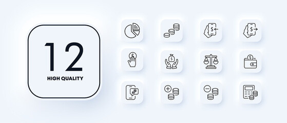 Money set icon. Chart, pennies, income, salary, scales, wallet, loss, calculator, etc. Career concept. Neomorphism style. Vector line icon for Business and Advertising