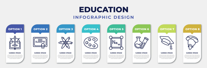 infographic template with icons and 8 options or steps. infographic for education concept. included law, merit, atom, paint palette, periodic table, test tubes, graduation hat, don quixote editable