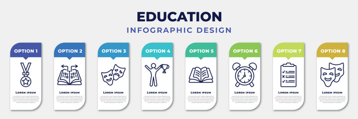 infographic template with icons and 8 options or steps. infographic for education concept. included medallion, data funnelling, drama, man with trophy, opened, wake up, as, comedy mask editable