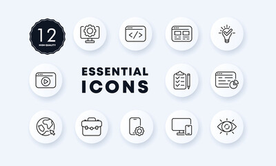 Online set icon. Setting, back and forth arrows, website, lamp, video, clipboard, planet, briefcase, eye, etc. Business concept. Neomorphism style. Vector line icon for Business and Advertising